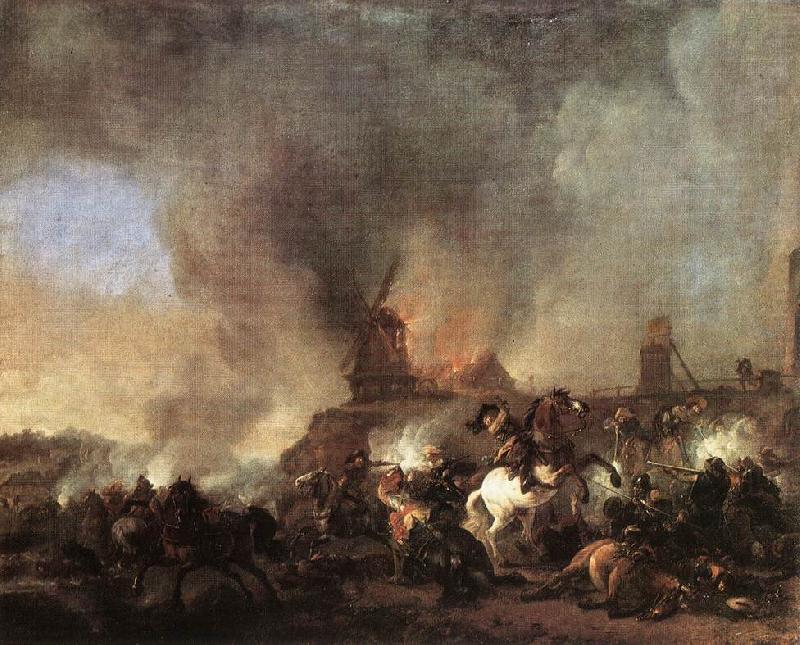 Cavalry Battle in front of a Burning Mill tfur, WOUWERMAN, Philips